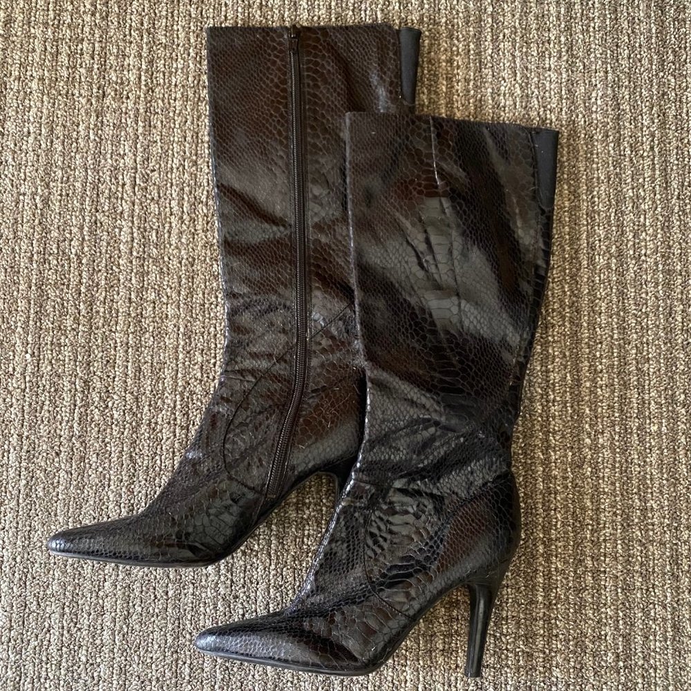 Black Stiletto Snakeskin Knee High Pointy Boots